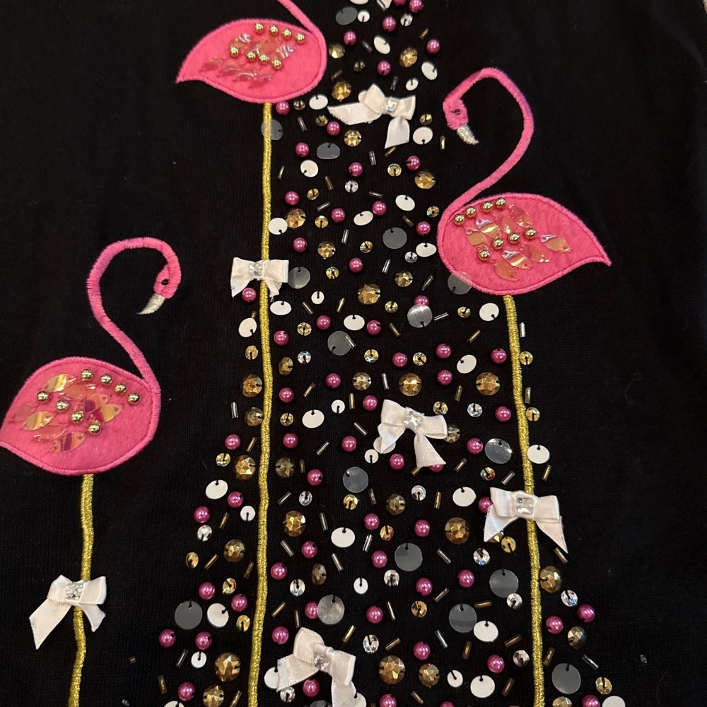 Quacker Factory Pink Flamingo‎ Christmas Tree Sweater Sequin Beaded Whimsical M - Picture 6 of 8